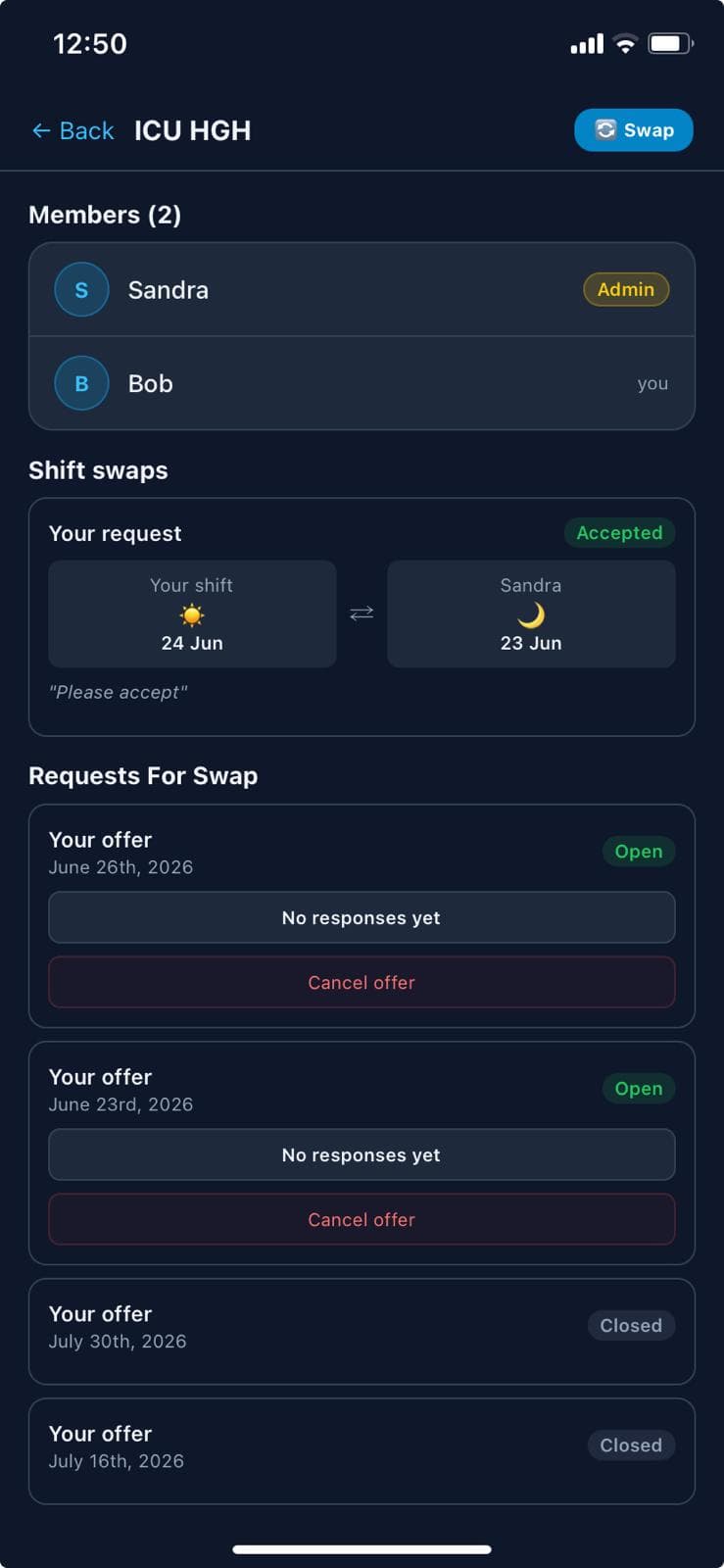 Shift swap detail screen