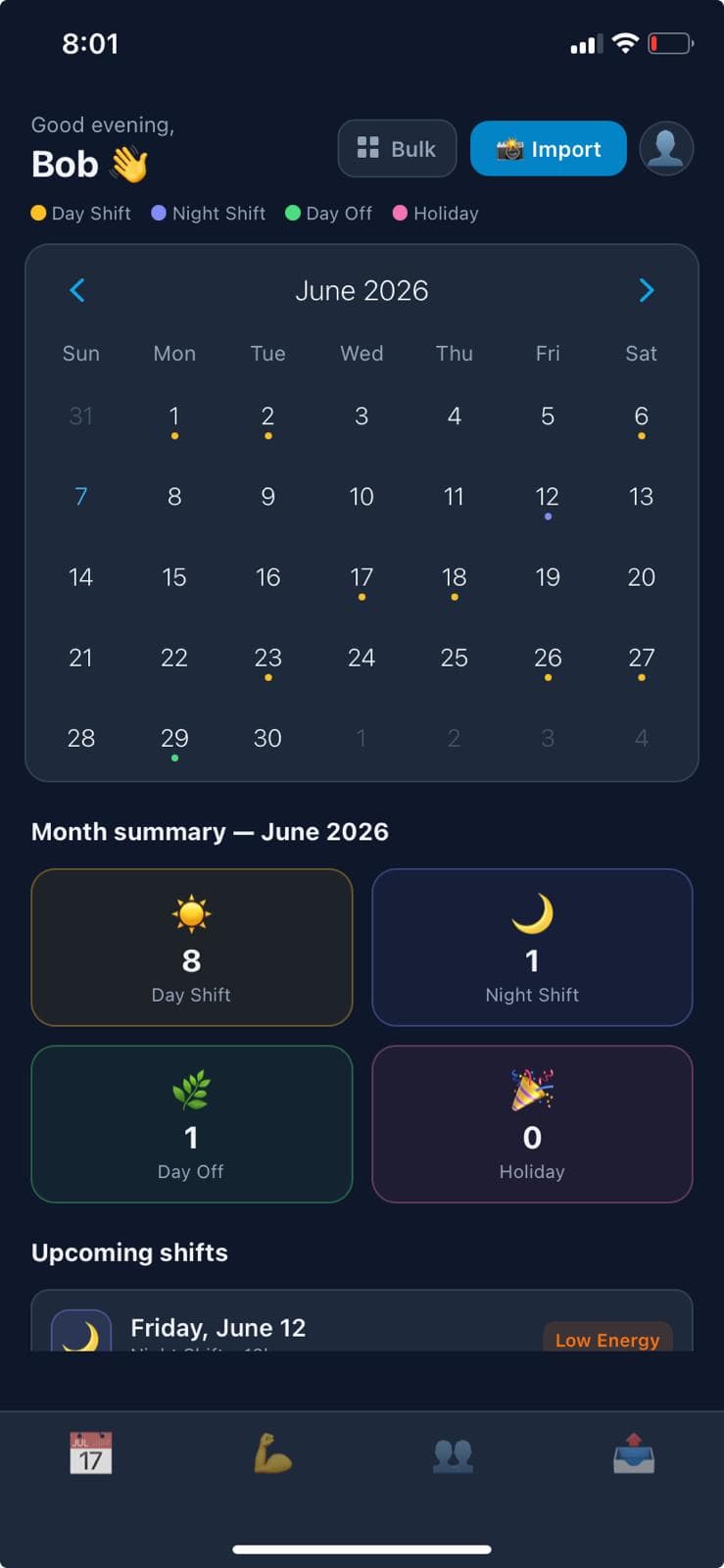 Vite Shift schedule screen